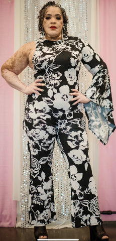 Black/white one sleeve floral jumpsuit