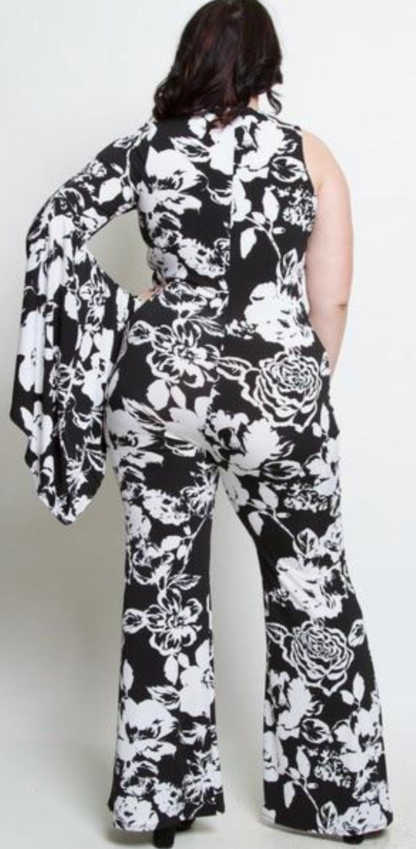 Black/white one sleeve floral jumpsuit